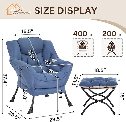 Miniatura 3 de Welnow - Silla perezosa con otomana, moderna silla de descanso con reposabrazos y bolsillo lateral, sillón de sofá tapizado de ocio, sillón de Azul