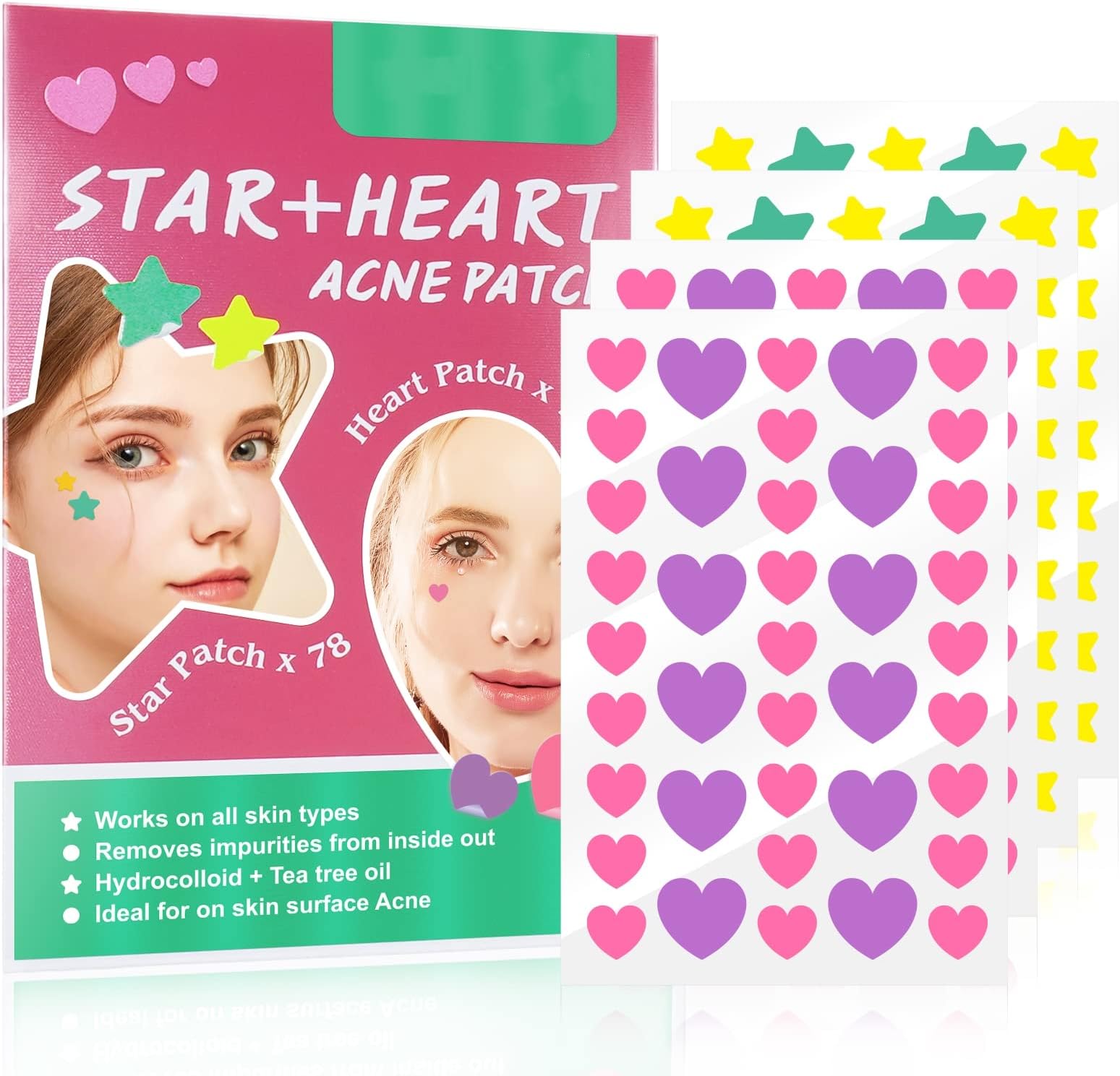 HONPOLO 126Pcs Color Acne Removing Patch Gentle Makeup Acne Covering Heart Star Round Acne Removing Patch 3 Styles (Red)