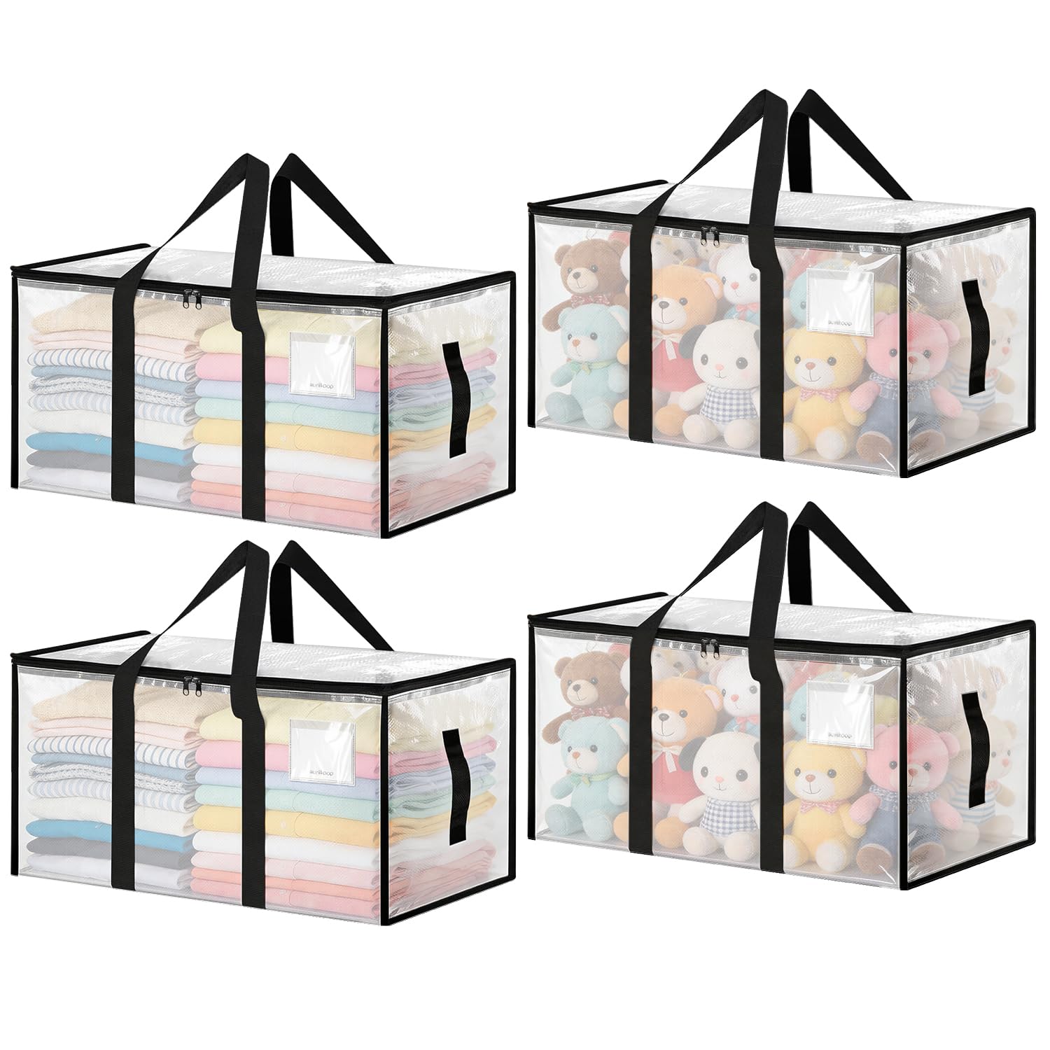 Borsa portaoggetti 4 pezzi Borse per traslochi, 88L Borsa portaoggetti grande trasparente, portaoggetti per vestiti con cerniera e maniglia per traslochi, campeggio, biancheria da letto, vestiti