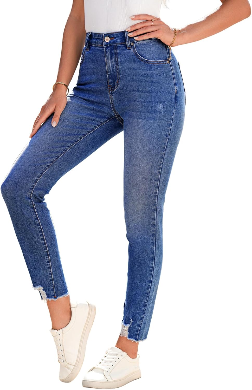 SHEWIN Women's Ripped Shaping Skinny Jeans Distressed Raw Hem Stretchy Denim Pants