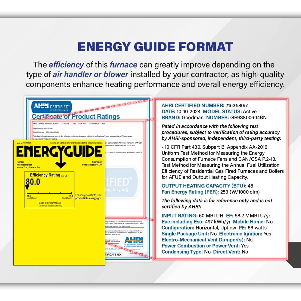 Goodman 80% 60,000 BTU Single Stage Gas Furnace with LP Kits - 17.5" Width - Upflow/Horizontal | 1600 CFM, R32, 9-Speed, HVAC Gas Heater