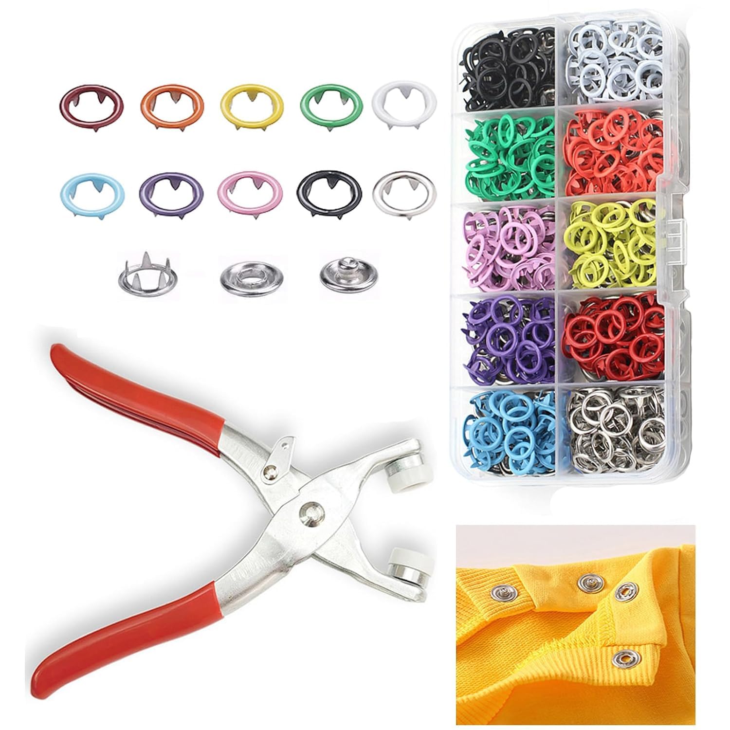 V TRIVYOM 200pc Silver Button Thickened Snap Fasteners Kit Metal Copper Five Claw Buckle Set with Hand Pressure Pliers Tool DIY Sewing Buttons Set for Clothing Sewing and Crafting (Multicolor)