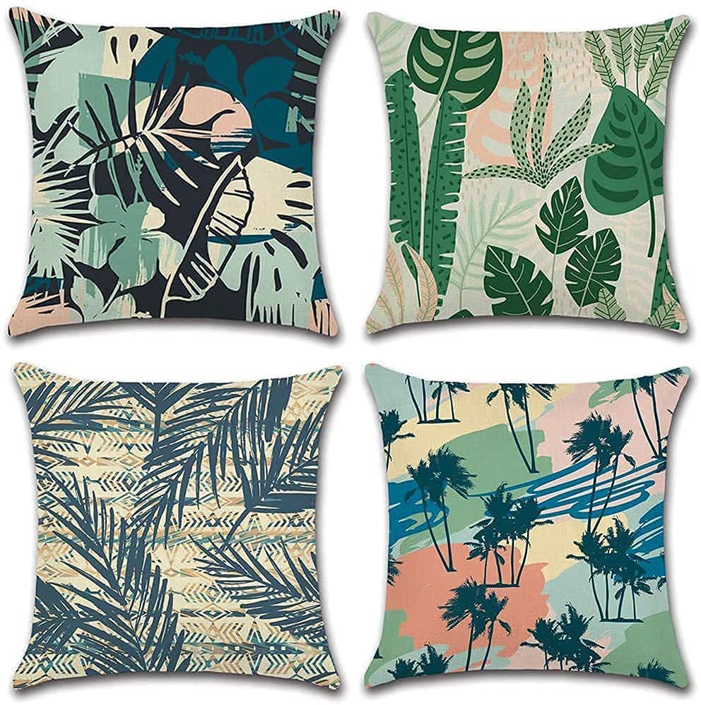 KASTWAVE Waterproof Green Leaf Cushion Covers, Tropical Plant Square Linen Throw Pillow Covers, 45x45cm, Suitable for Sofa Garden, Terrace, Bench Home Bed Decorative Green Cushion Cover -Set of 4