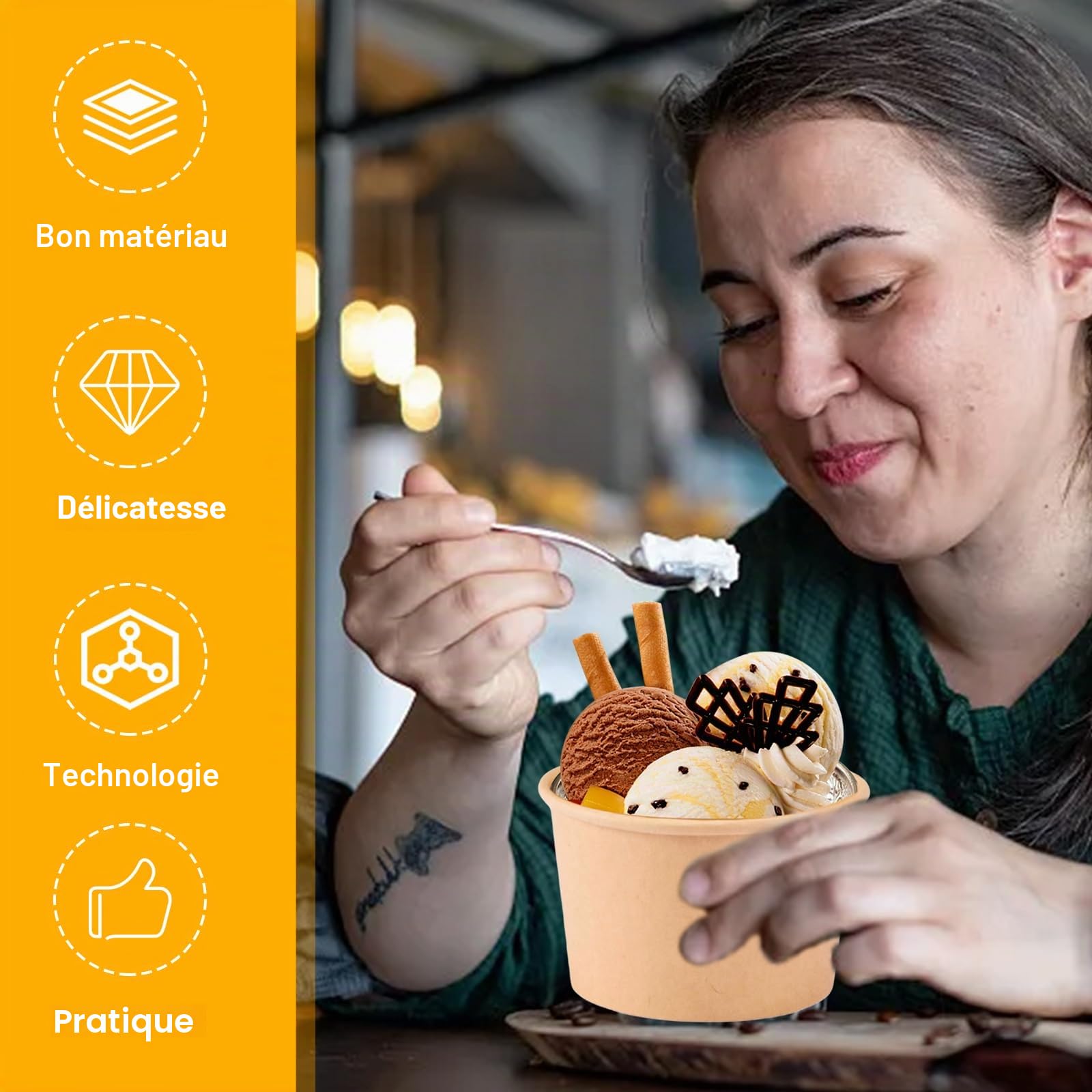 Sporgo Gobelets à soupe à emporter 50 pièces : 240 ml gobelets en carton gobelets à glace en carton gobelets à céréales avec 50 cuillères marron Tasses à soupe tasses compostables avec PLA pour