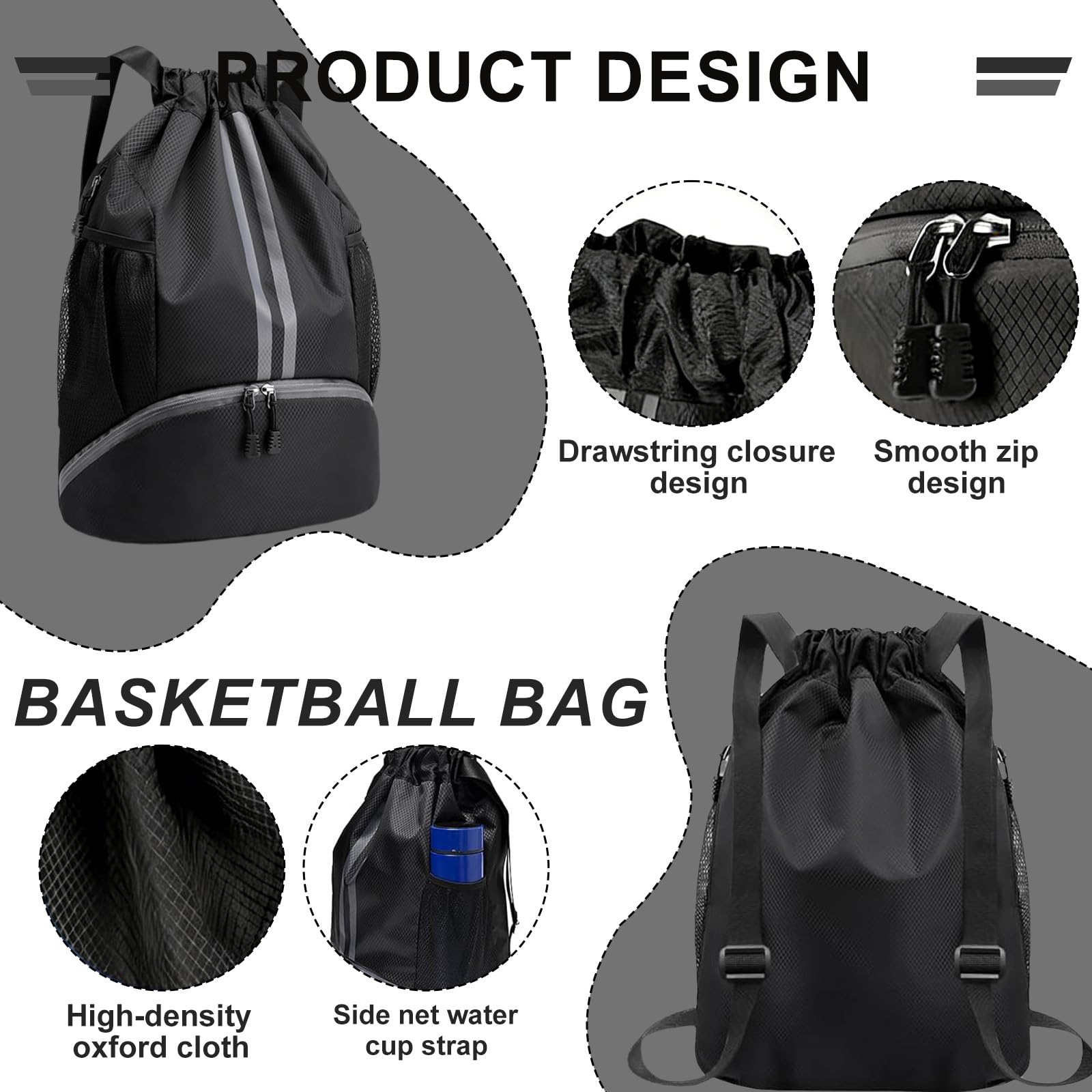 Mochila Gimnasio Hombre, Bolsa Gimnasio Impermeable con Compartimento para Zapatos – Mochila Gym Hombre Ligera para Natación, Baloncesto, Fútbol. Negro - 4