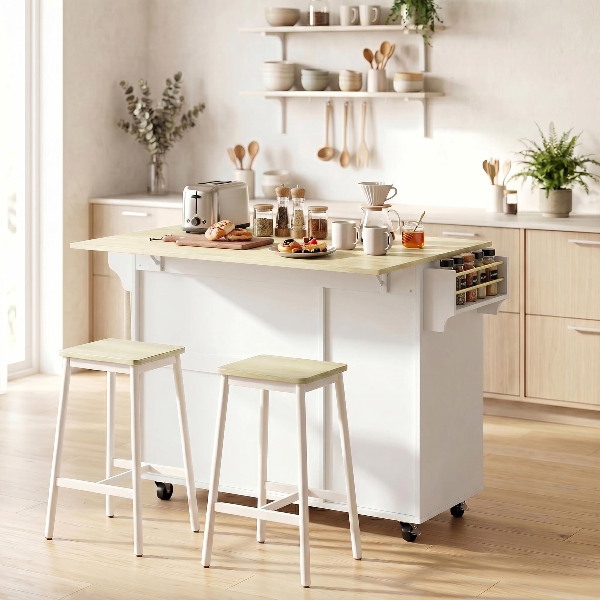 HOMCOM Isla de Cocina con Encimera Abatible, Botellero, Blanco y Roble | Carrito de Cocina, Puertas Correderas de Vidrio, Ruedas, Cajón, Especiero y Estante Ajustable