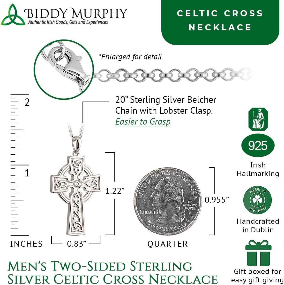 Biddy Murphy Traditional Celtic Cross Necklace for Men, 925 Sterling Silver Double Sided, Finely Handcrafted Irish Jewelry, Imported from Ireland (24" Inch)