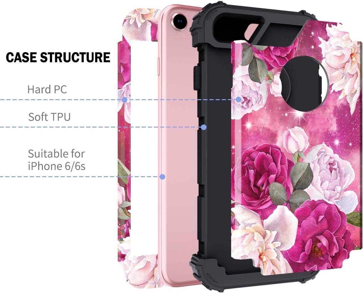 Casetego Compatible with iPhone 6S Case,iPhone 6 Case,Floral Three Layer Heavy Duty Hybrid Sturdy Shockproof Protective Cover Case for Apple iPhone 6S/6,Rose Red/Black