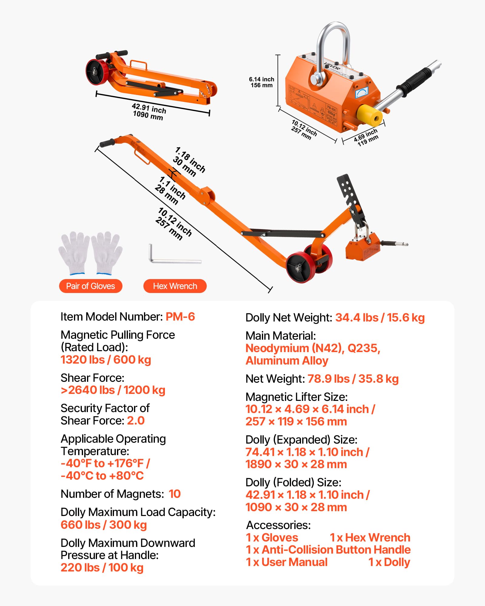 VEVOR Sollevatore Magnetico per Lastre, Capacità di 600 kg, Carrello in Acciaio con Sollevamento Magnetico e 2 Ruote, Maniglia Regolabile, Neodimio N42, Pieghevole per il Sollevamento di Tombini