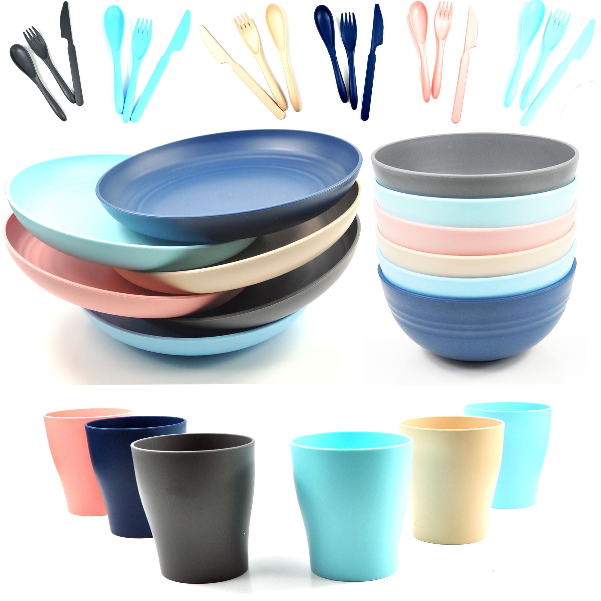Camping Set 6 People; Set of 6, Plates, beakers, Bowls and Cutlery - UK/EU Tested, BPA Free, Perfect for Parties, picnics, Camping and Caravans, Safe for Kids & Adults