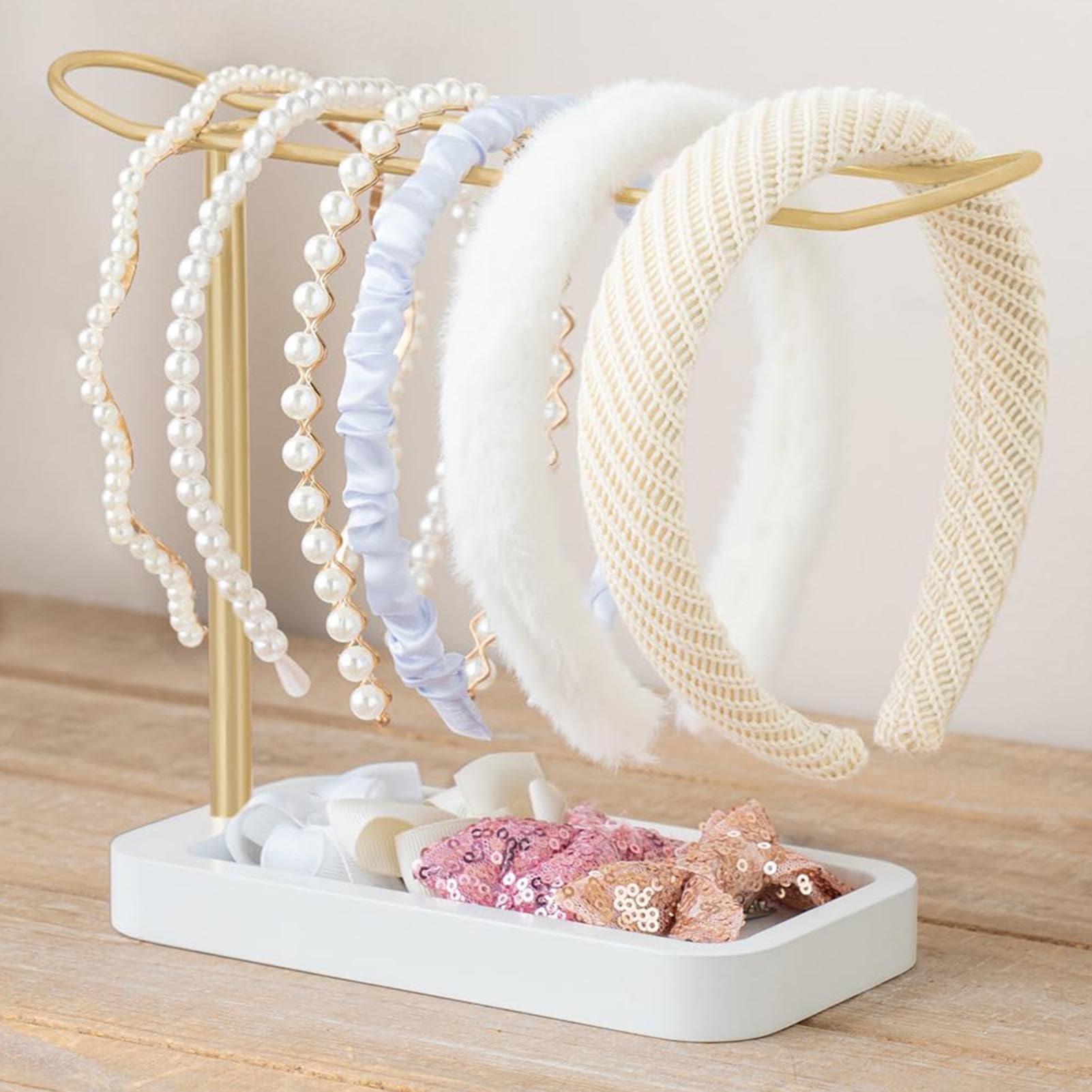 Présentoir à Bandeaux En Métal Avec Base En Bois - Organisateur De Serre-têtes, Pinces à Cheveux - Rangement Élégant Pour Accessoires Cheveux - 2