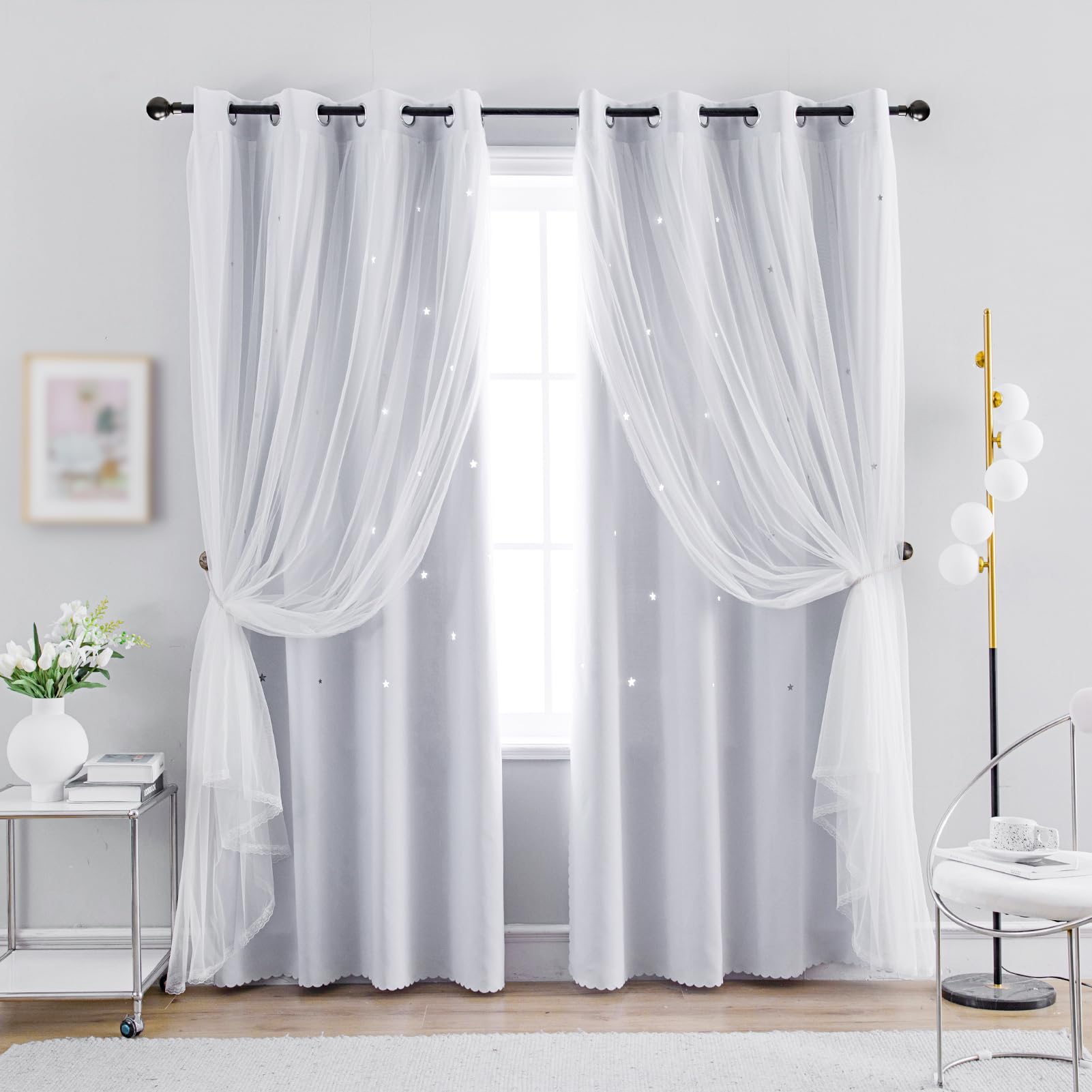 Anytime Cortina romántica para niños, cortina de ventana con estrellas huecas, cortinas opacas de doble capa para niñas, dormitorio, habitación de niños, 2 paneles (52 x 95 pulgadas, blanco grisáceo)