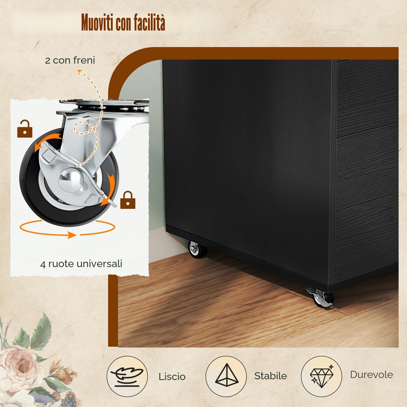 GIANTEX Cassetto da scrivania mobile con 5 cassetti da ufficio, mobile da ufficio, organizer con ruote, supporto per stampante per cartelle, documenti, documenti, carta, 48 x 39,5 x 69,5 cm (Nero)
