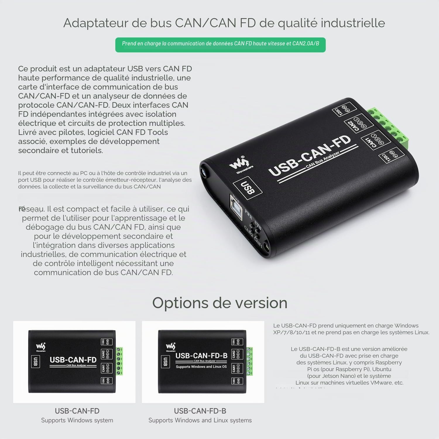 Waveshare Industrial Grade Can/Can FD Bus Data Analyzer, USB to Can FD Adapter, Can/Can FD Bus Communication Interface Card, Can/Can FD Protocol Data Analyzer, Support Windows and Linux