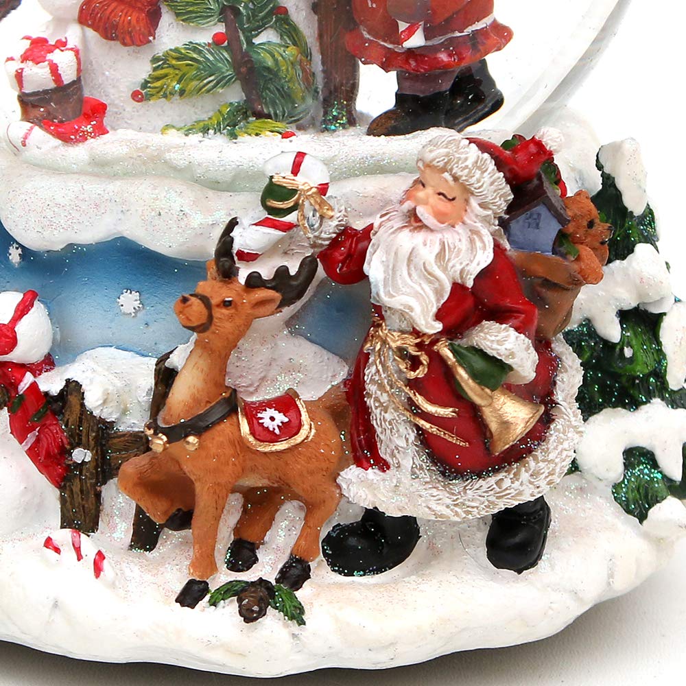 Dekohelden24 Kula śnieżna bałwanek z dzieckiem na misternie zdobionym cokole z zabawką, melodia: White Christmas, wymiary dł./szer./wys.: 12,5 x 12 x 14,5 cm kulka Ø 10 cm