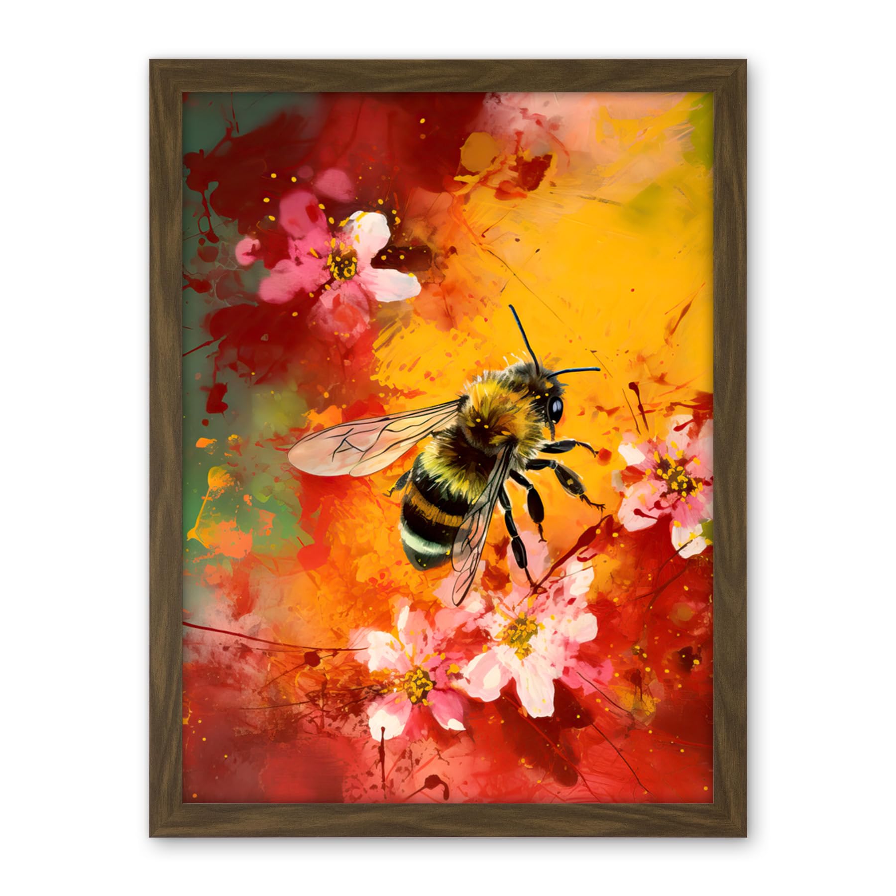 Artery8 Honey Bee on Abstract Flower Bed Oil Painting Artwork Framed Wall Art Print 18X24 Inch