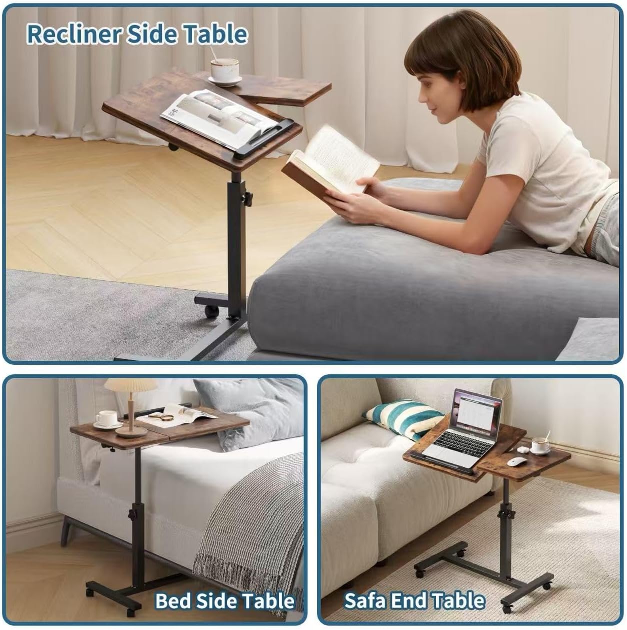 Overbed Tables,Bedside Table,Adjustable Height＆Protable Standing Rolling Desk,C-Shaped Home Office Desk for Livingroom and Bedroom,Brown
