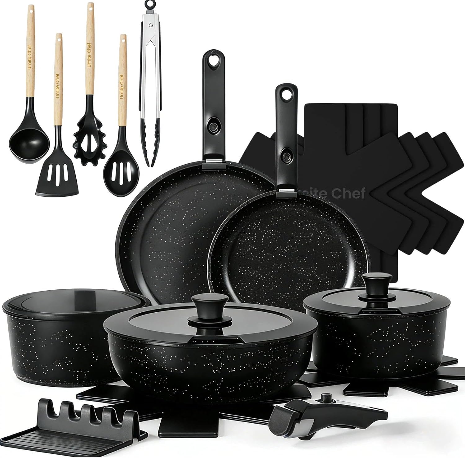 Umite Chef 21Pcs Pots and Pans Set Non Stick, Nonstick Cookware Sets Detachable Handle, Non Toxic Induction RV Kitchen Cooking Set, Dishwasher/Oven Safe, Fridge Safe, Space Saving(Black)