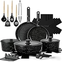 Umite Chef 21Pcs Pots and Pans Set Non Stick, Nonstick Cookware Sets Detachable Handle, Non Toxic Induction RV Kitchen Cooking Set, Dishwasher/Oven Safe, Fridge Safe, Space Saving(Black)