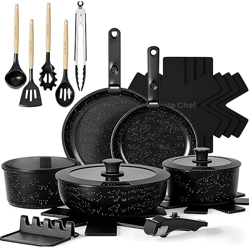 Umite Chef 21Pcs Pots and Pans Set Non Stick, Nonstick Cookware Sets Detachable Handle, Non Toxic Induction RV Kitchen Cooking Set, Dishwasher/Oven Safe, Fridge Safe, Space Saving(Black)