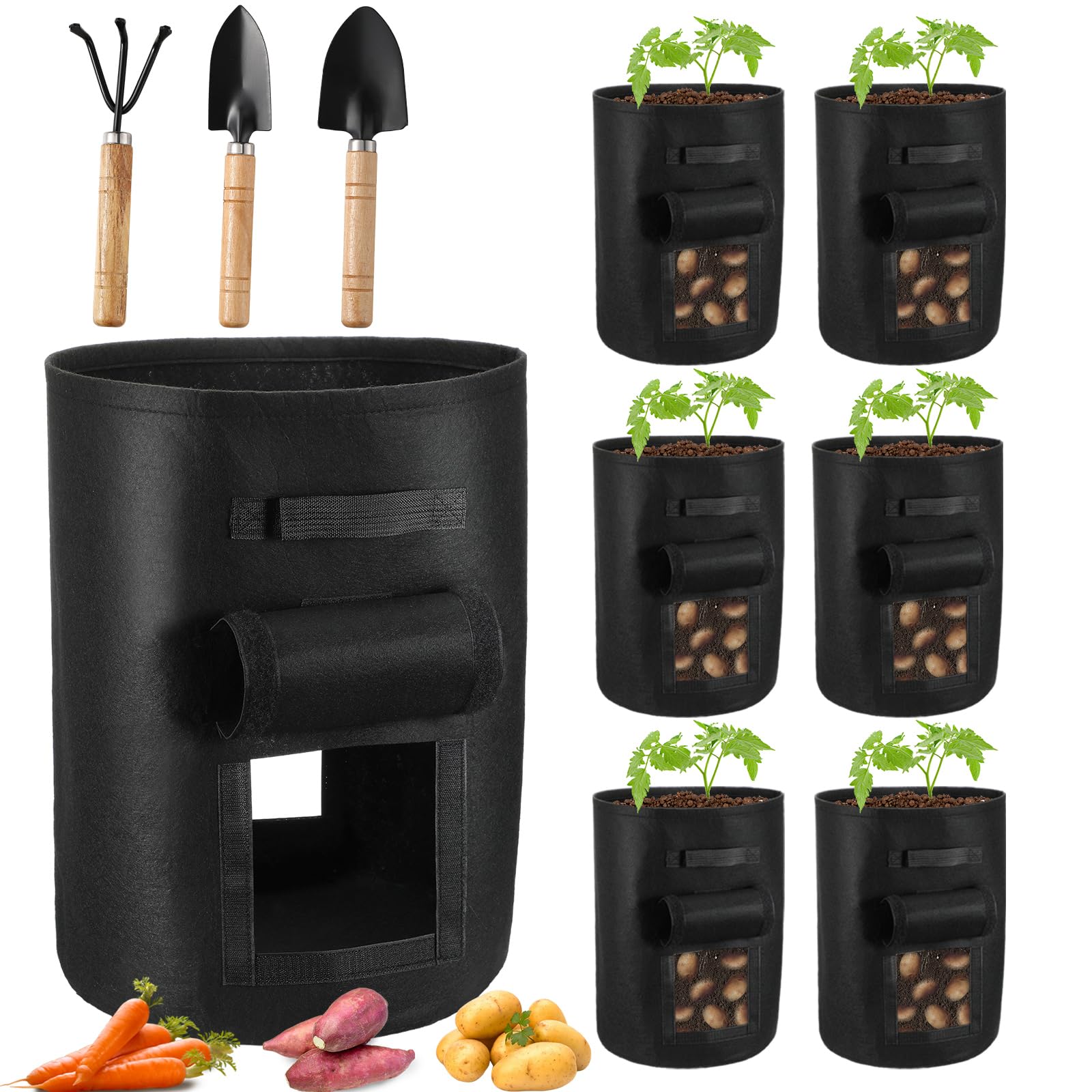 Beeveer Lot de 6 sacs de culture de pommes de terre de 50 litres avec 2 fenêtres à rabat et poignée durable pour pommes de terre, tomates et légumes