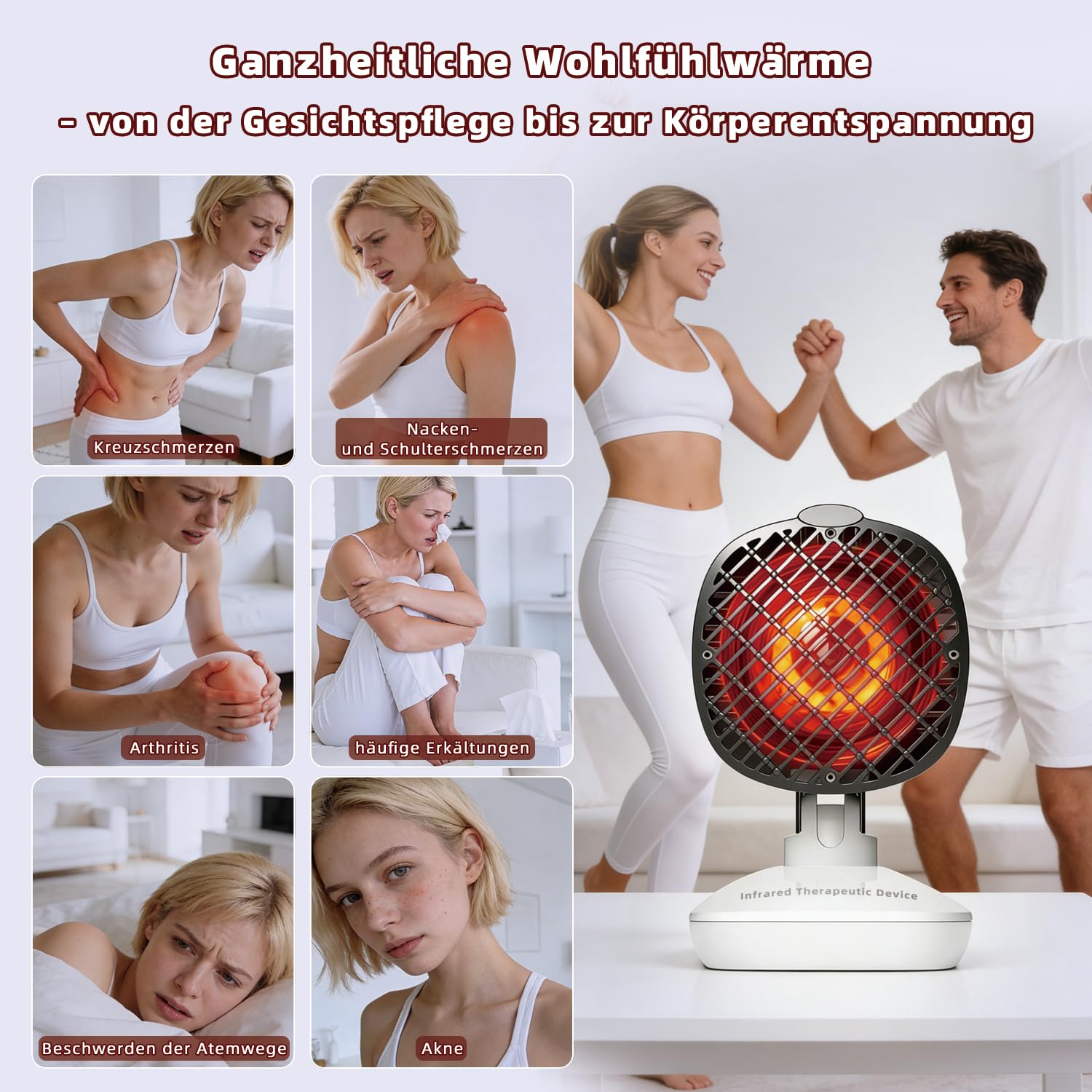 Infrarotlampe mit 3-in-1-Technologie, Rotlichtlampe Gesicht, Infrarot Lampe mit Tiefenwärme, 3 Sekunden Schnellheizung, einstellbarer Kopf, ideal bei Erkältung, Muskelverspannung & Hautpflege