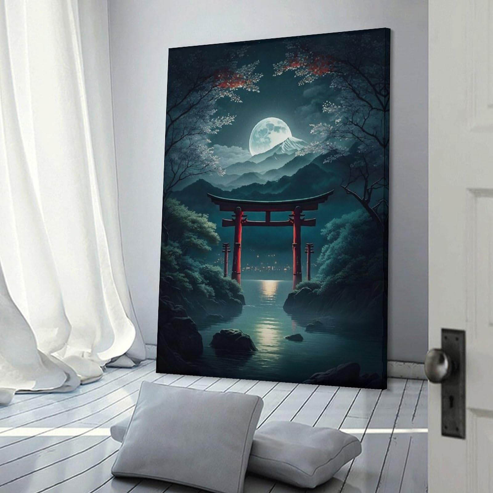 Junmoney Canvas Wall Decor Moonlight In Torii Gate Gr, 20x30inch(50x75cm), for Living Room, Bedroom, Office Or Hallway, Decorative Artwork with Broad Appeal