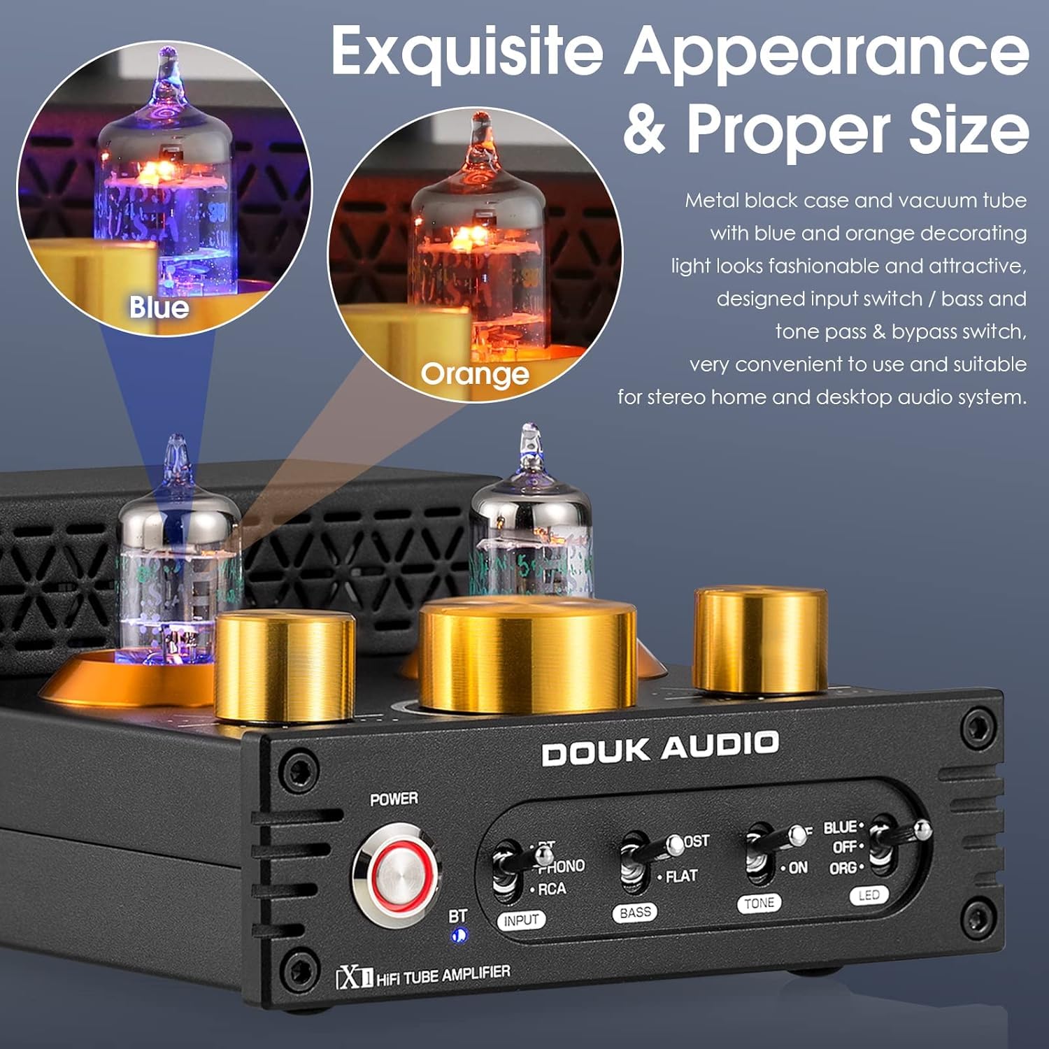 Douk Audio X1 Röhren-Phonoverstärker: Bluetooth-Empfänger | 2-Kanal-Verstärker für MM-Plattenspieler | 160 W × 2 TDA7498E | Klangregelung | für Desktop-Vinyl-HiFi-Heimkinosystem