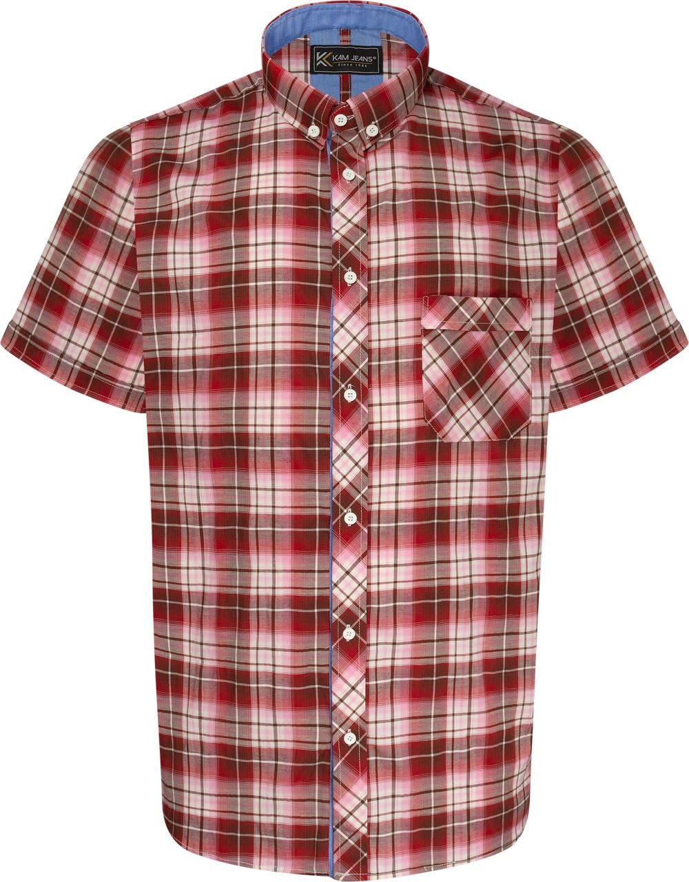 Kam Men's Wine Jeanswear Short Sleeve Casual Checked Shirt - Red - 7XL