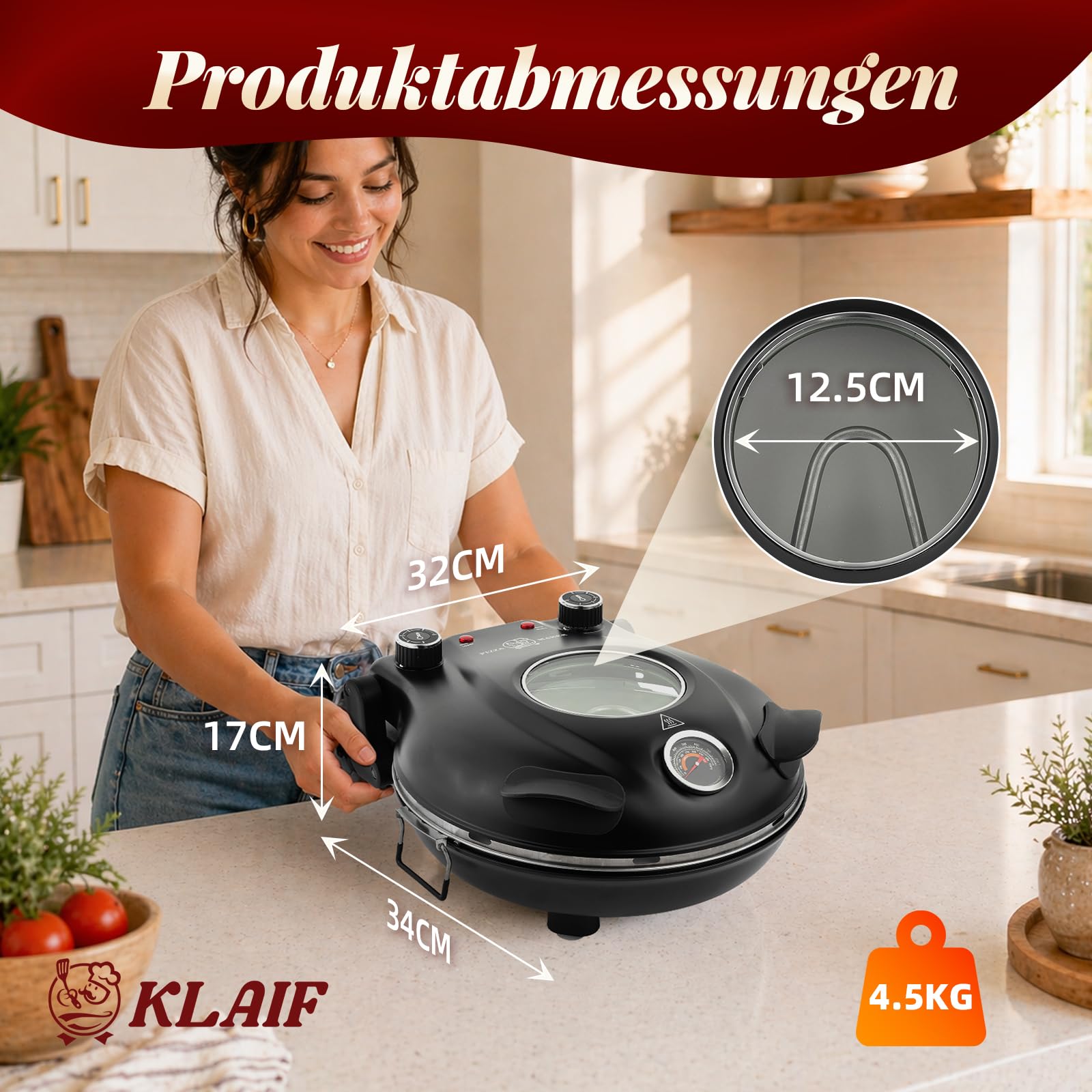 KLAIF Elektrischer Pizzaofen 420 °C 31 cm Keramik-Pizzastein 1200 W separat regelbare Ober- und Unterhitze