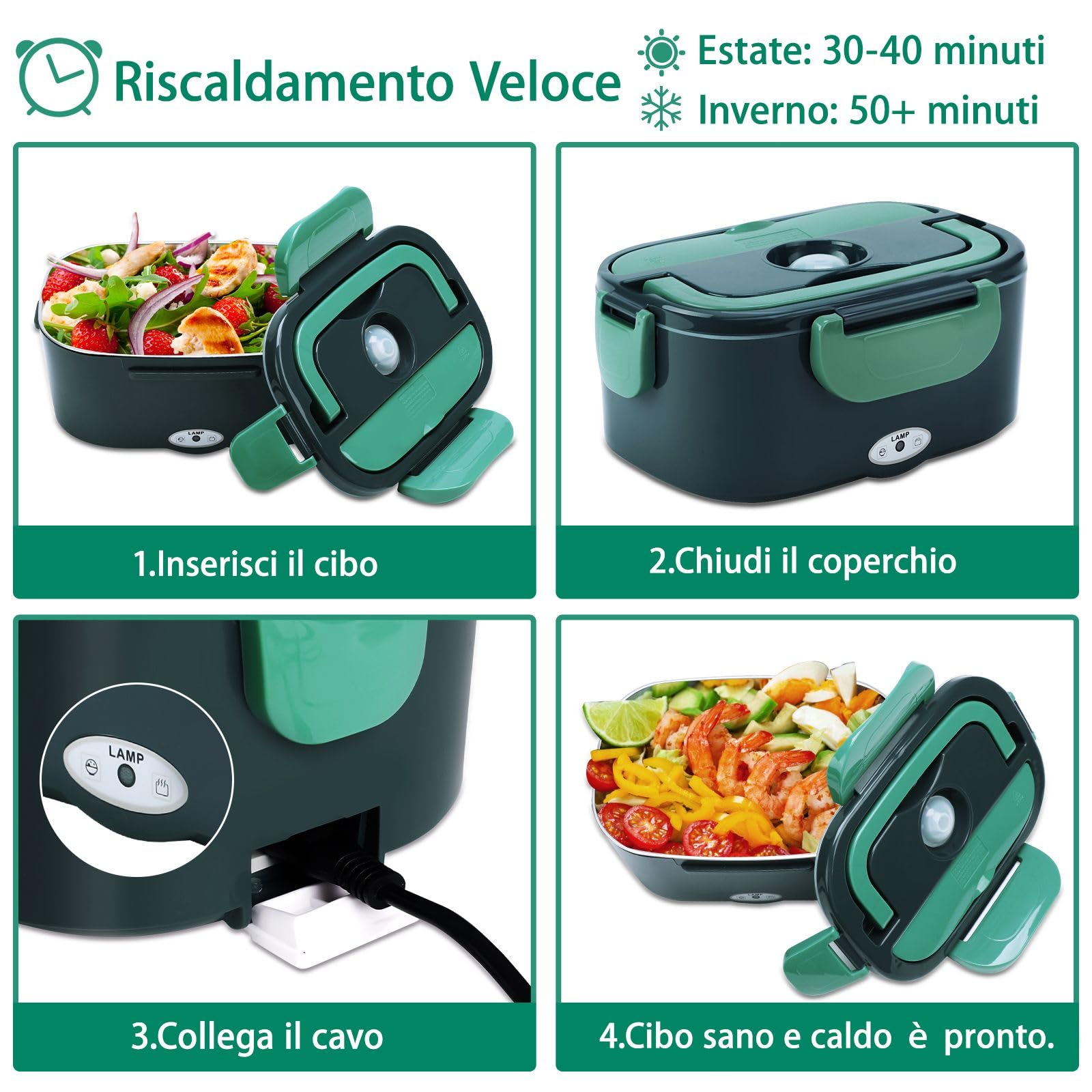 Lunch Box Elettrico Portatile 4 in 1 12V/24V/110V/220V 1.5L 60W Acciaio Inox Auto Camion Ufficio
