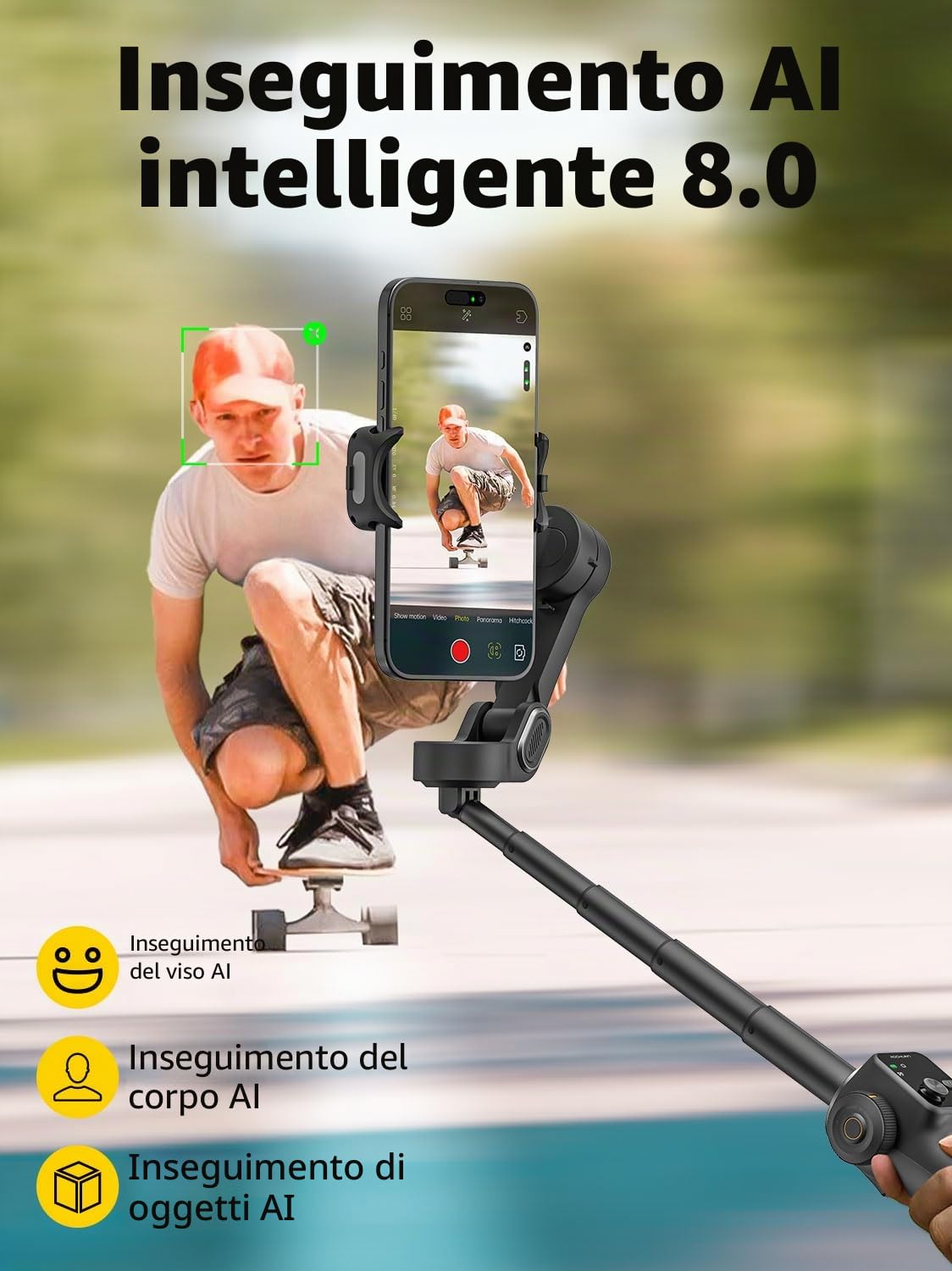AOCHUAN Stabilizzatore cardanico a 3 assi con asta di estensione integrata da 7,8 pollici, gimbal per telefono Vlogging w/AI Tracking, giunto cardanico portatile per smartphone per iPhone con display