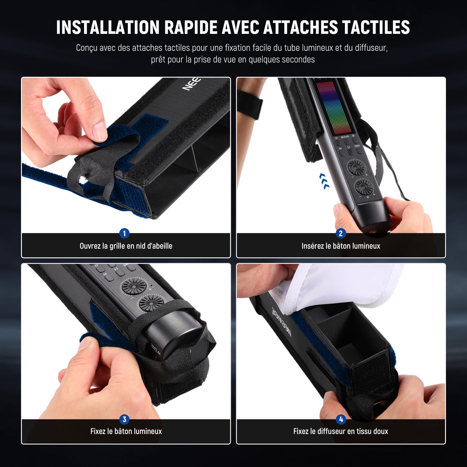 NEEWER Kit Diffuseur Lumière pour Bâton Lumineux TL60 RGB, Diffuseur de Lumière de Bande de Tube Avec Grille en Nid d'Abeille, Sac Transport, Attaches Tactiles pour Photo, Vidéo, Portrait, NS9S