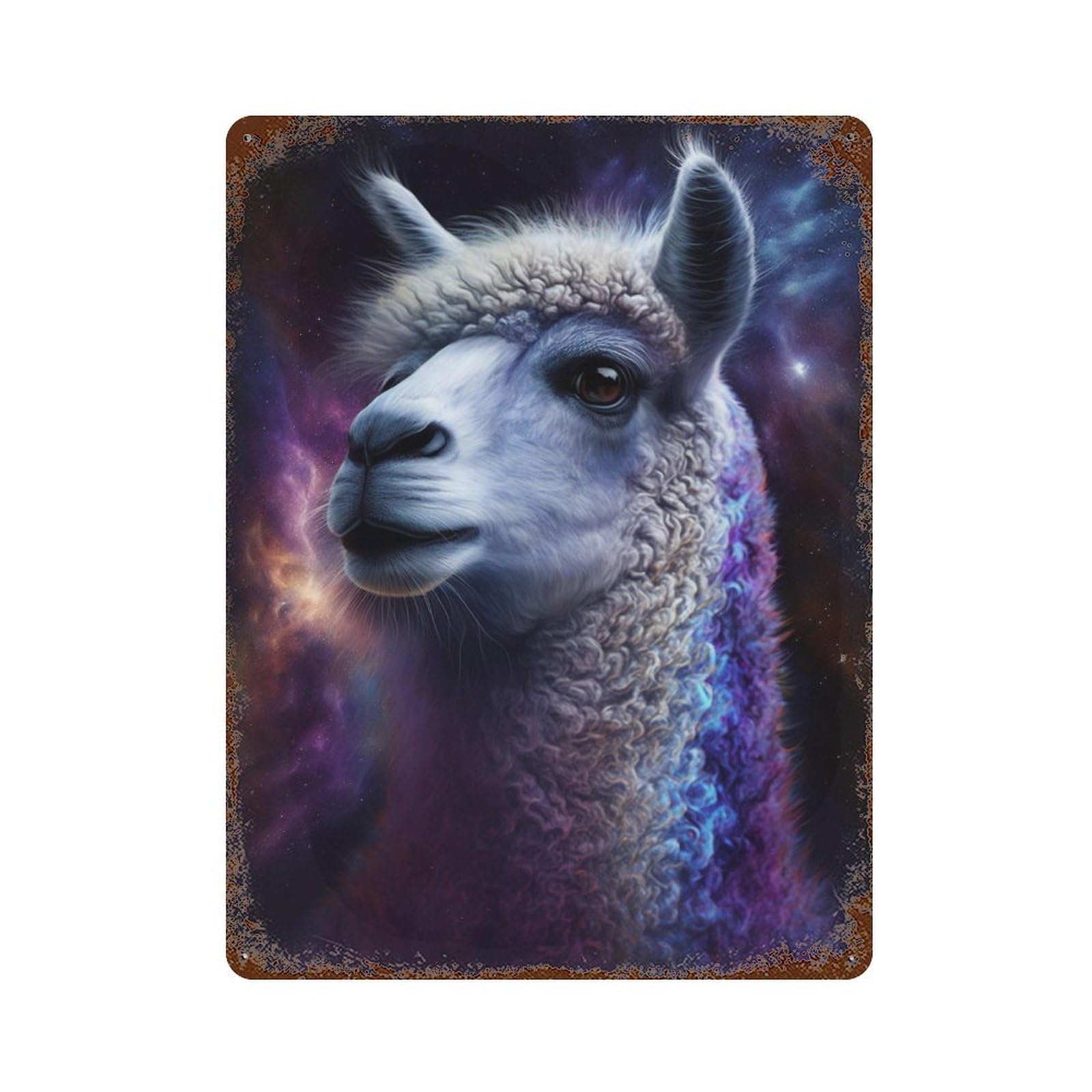 Rust Effect Cosmic Llama Portrait-16 Rustic Tin Plaque 15.7"x11.8", Classic Wall Plaque for Shed, Workshop And Garage Wall Decor