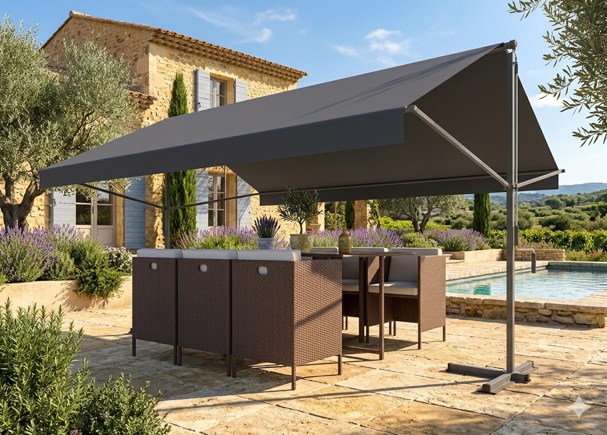Store Banne Double Pente 4x3m Manuel ISEO Gris - Toile Waterproof 250g/​m² Hydrofuge & Anti-​UV - Protection Jardin & Terrasse avec Manivelle - Structure Aluminium Robuste - Concept Usine