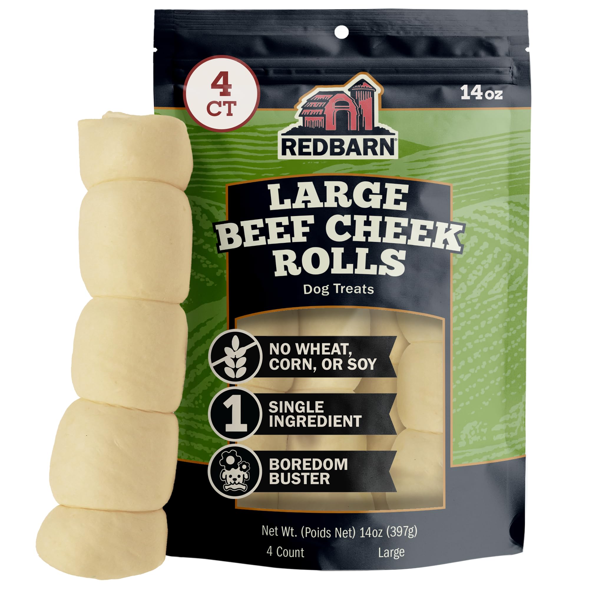 Redbarn Pet Products All-Natural Large Beef Cheek Rolls for Dogs, Uncoated - Single Ingredient Grain-Free Chew Treat Naturally Rich in Collagen - No Artificial Preservatives - Pack of 4