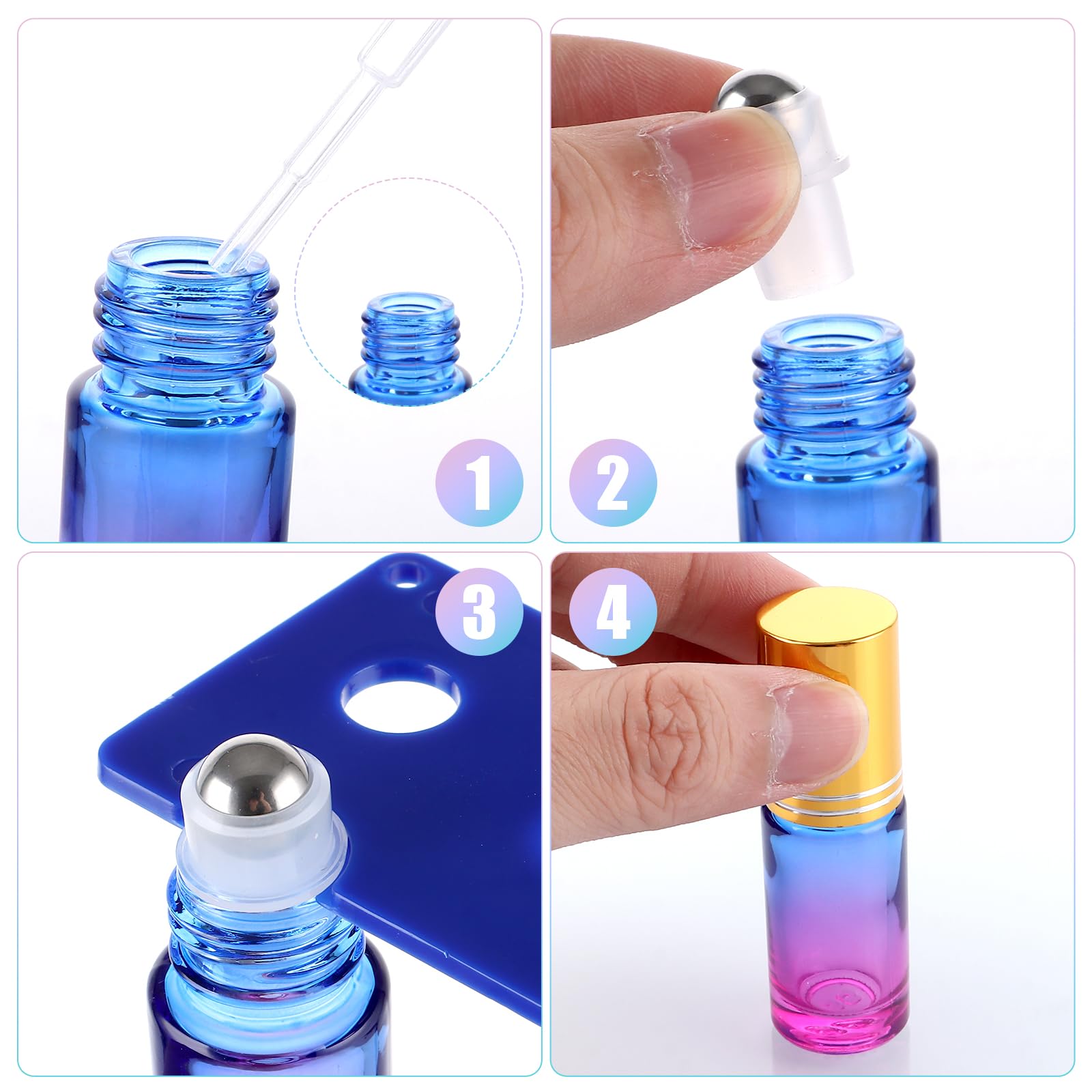 CYEER 25 sztuk butelek Roll On 5 ml, puste butelki z olejkami eterycznymi, zestaw kolorowych butelek na perfumy z kulkami ze stali nierdzewnej i akcesoriami do samodzielnego aromaterapii, torebki i