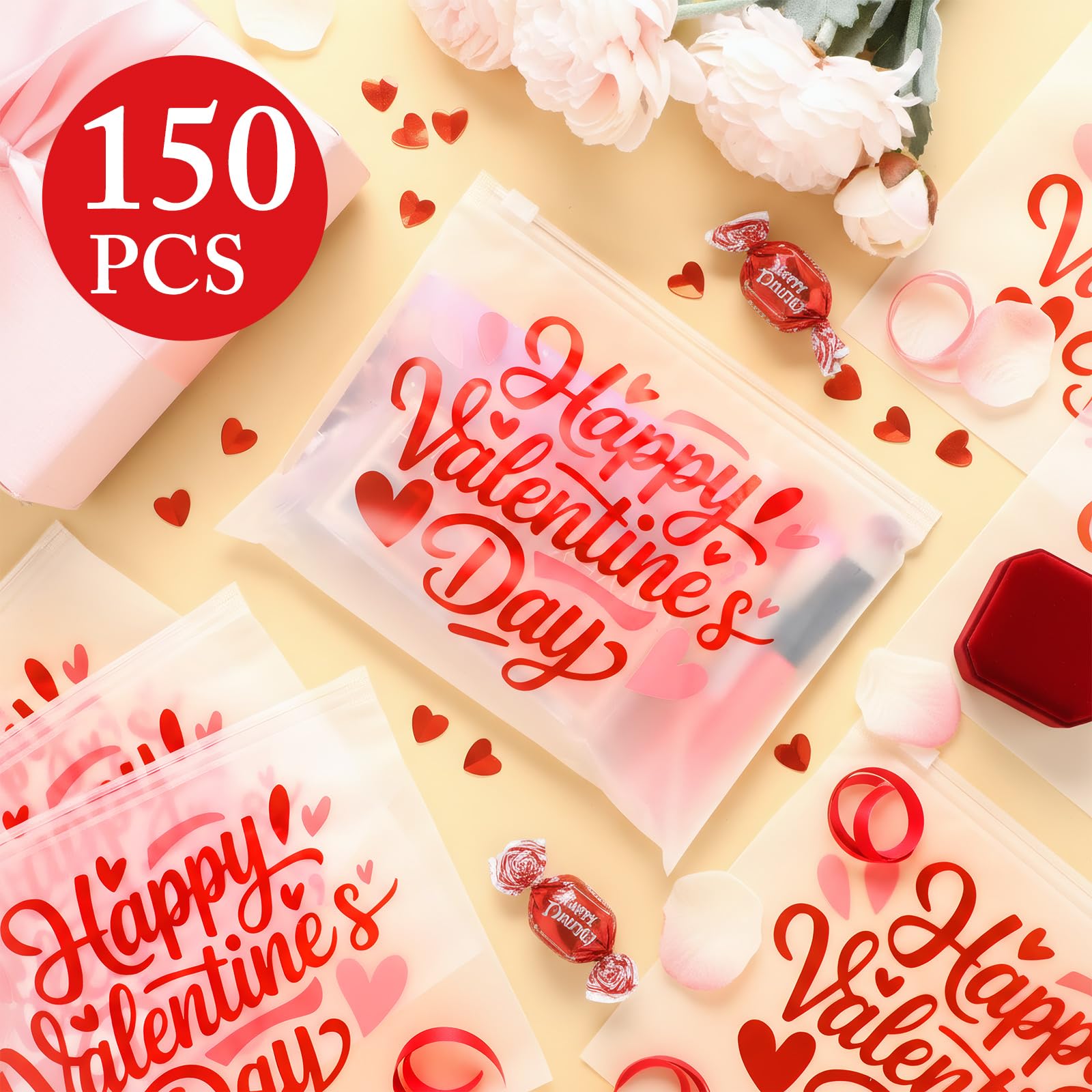 Kacctyen 150 Pack Happy Valentine's Day EVA Bags Bulk Galentine Reusable Clear Teacher Women Gift Pouches with Zipper Waterproof Bag for Candy Jewelry Bestie Galentine Gang Squad Party Supplies