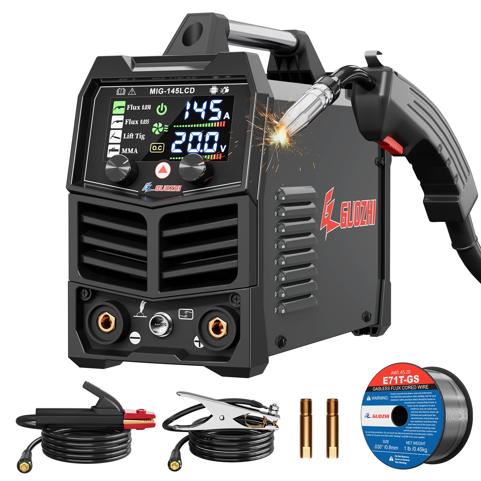 GZ GUOZHI 145A MIG Welder, 3 in 1 Welders FLUX MIG/Lift TIG/ARC Multi-Process IGBT Inverter Welder, 110V Welding Machine, ‌Flux Core Welder with upgrade Large LCD Screen