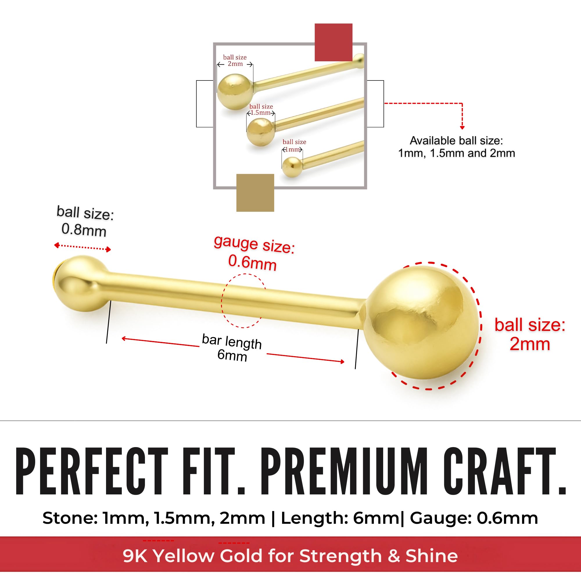 Monster Piercing - 9K Gold Echtgold | Nasenpiercing Nasenstecker Stud | Stabstärke: 22G (0,6 mm) | Stablänge: 6mm | Kugelgröße: 1mm bis 2mm | Hypoallergen