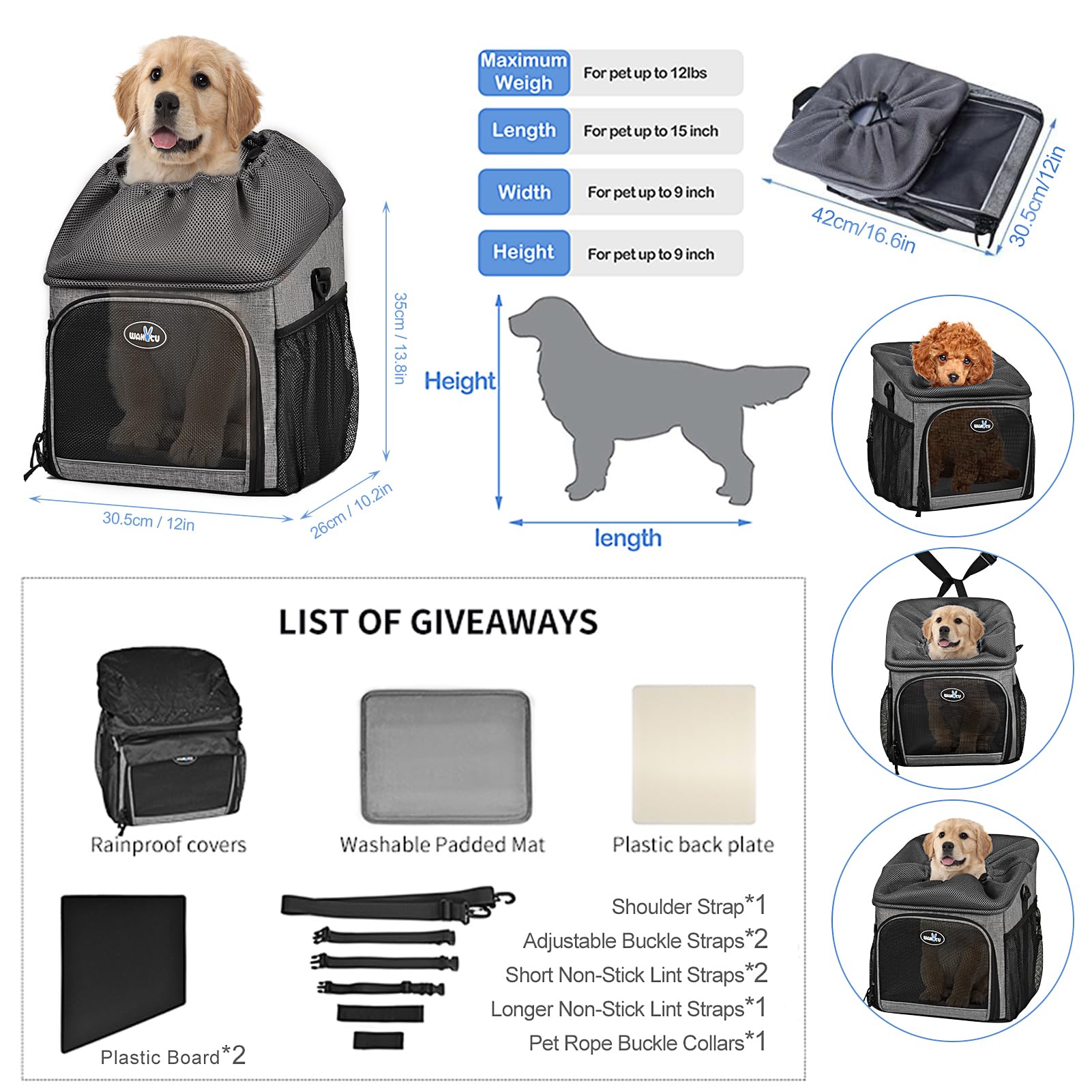 Lixada Bike Basket for Dogs Foldable Removable 12x10.2x13.8'' with Rainproof Cover, Pet Bicycle Carrier Backpack Multfunctional Dog Pet Bike Carrier, Max Bearing Weight: 12lbs