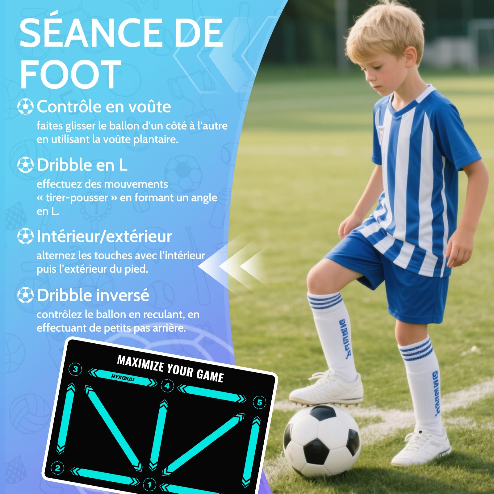 Tapis Foot Entrainement avecdes vidéos d'entraînement 90x60cm Tapis Entrainement Football Accessoire – Pas De Foot Ball & ContrôLe du Ballon, Dribble Football – Tapis D’EntraîNement pour Cadeau