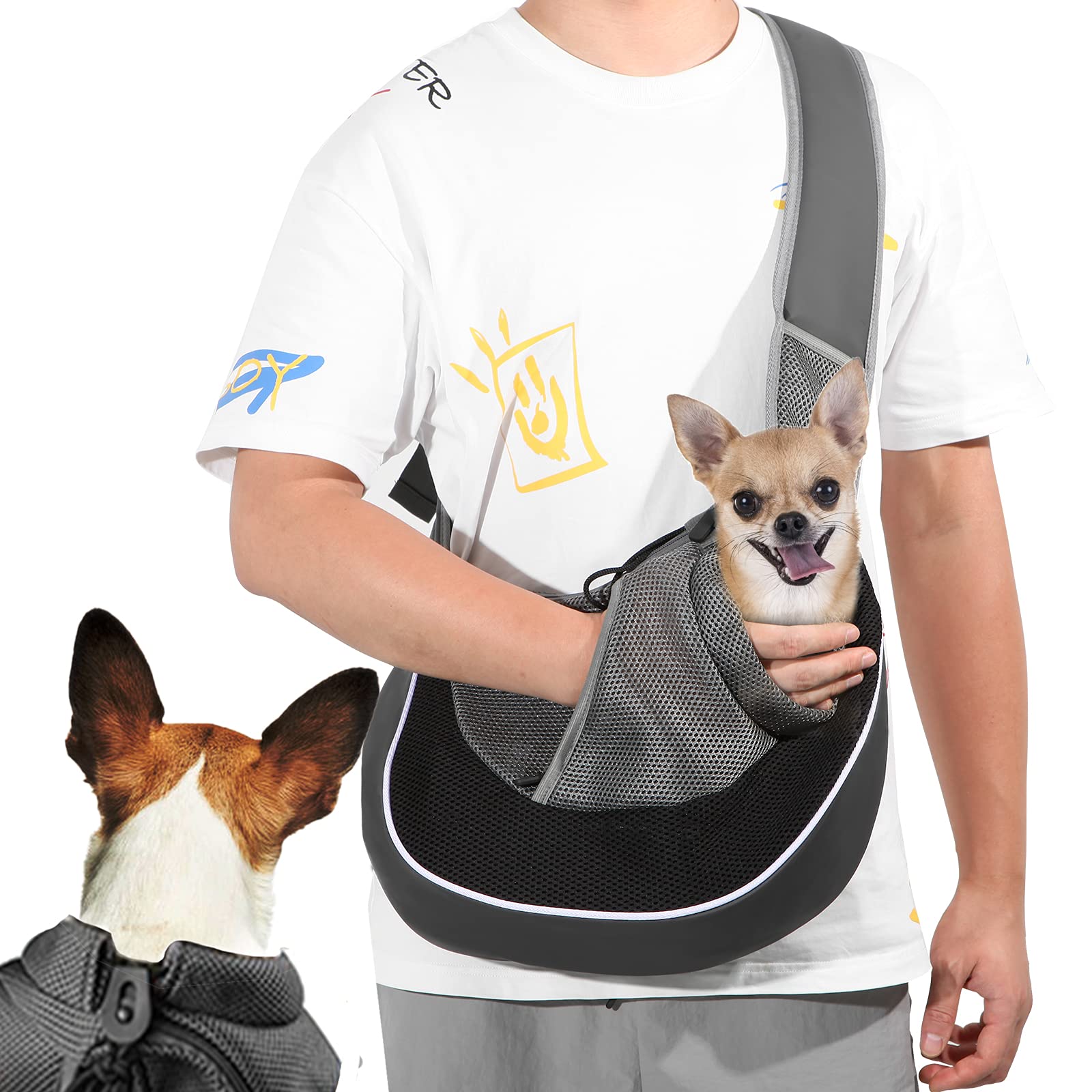 Caudblor Dog Sling Bag for Small Dog, with Breathable Mesh Zipper Pocket, Black Hand Free Pet Sling Carrier with Adjustable Padded Shoulder Strap, Travel Safe Bag for Cat, Up to 10lb