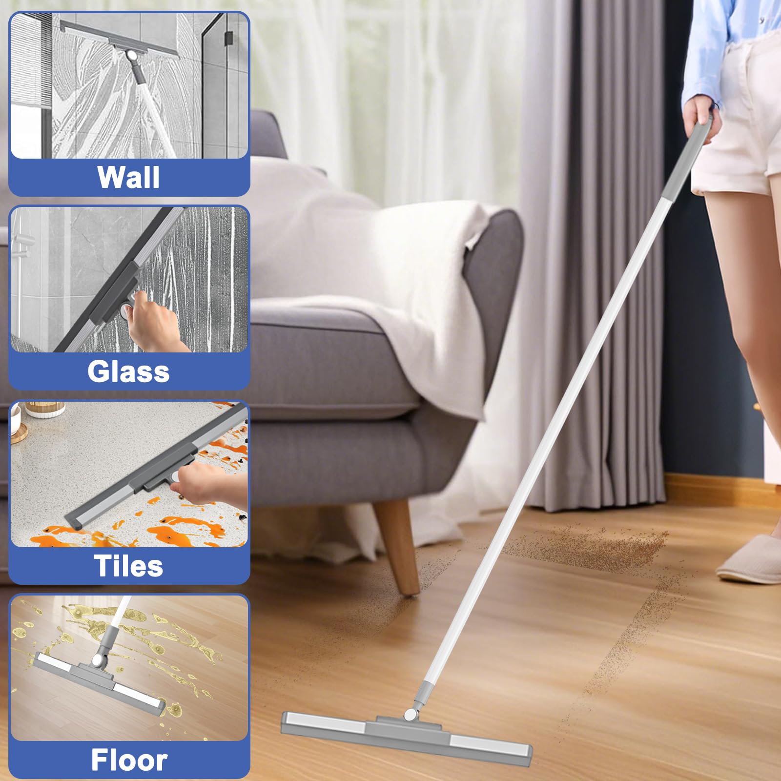 Escobilla Goma Suelos 36cm con Cabezal Giratorio 180°, Rasqueta Limpia Cristales Mango Largo Ajustable, Escoba Limpiador Suelo, Raspador Limpiar Ducha para Ventanas, Azulejos Baño, Cocina,Patio,Jardín