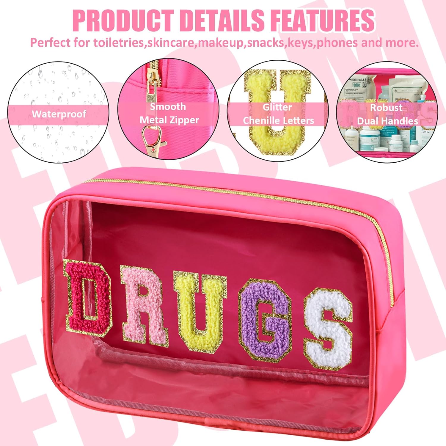 BuyCard 2 Pcs Chenille Letter Drugs Clear Makeup Meds Bag, Nylon & PVC Transparent Cosmetic Bag, Preppy Patch Drug Bag, Toiletry Storage for Women Girls, Rose Red - Image 3