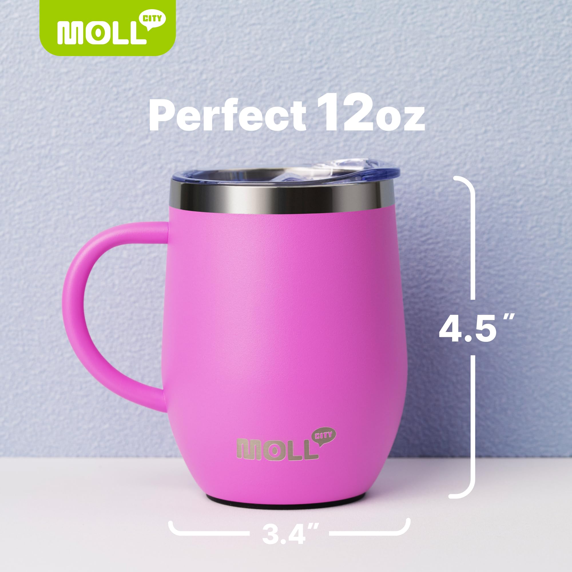 Vaso de 12 onzas con asa y popote, paquete de 2 vasos de acero inoxidable con aislamiento al vacío de doble pared con tapa, reutilizable, a prueba de fugas y sin BPA (morado-rosa intenso)