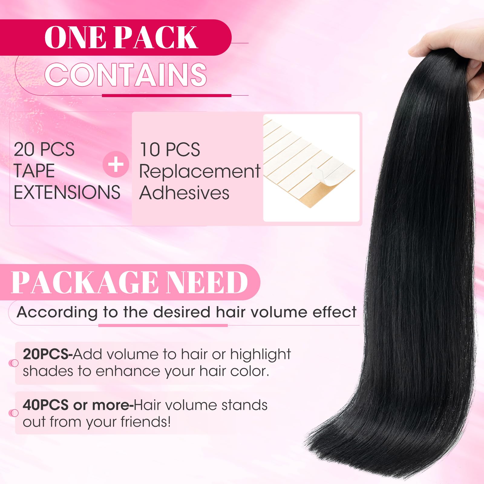 MY-LADY Invisible Tape in Hair Extensions Human Hair - 20pcs Remy Straight Real Hair #1 Jet Black - 12 Inch 30g - Image 4