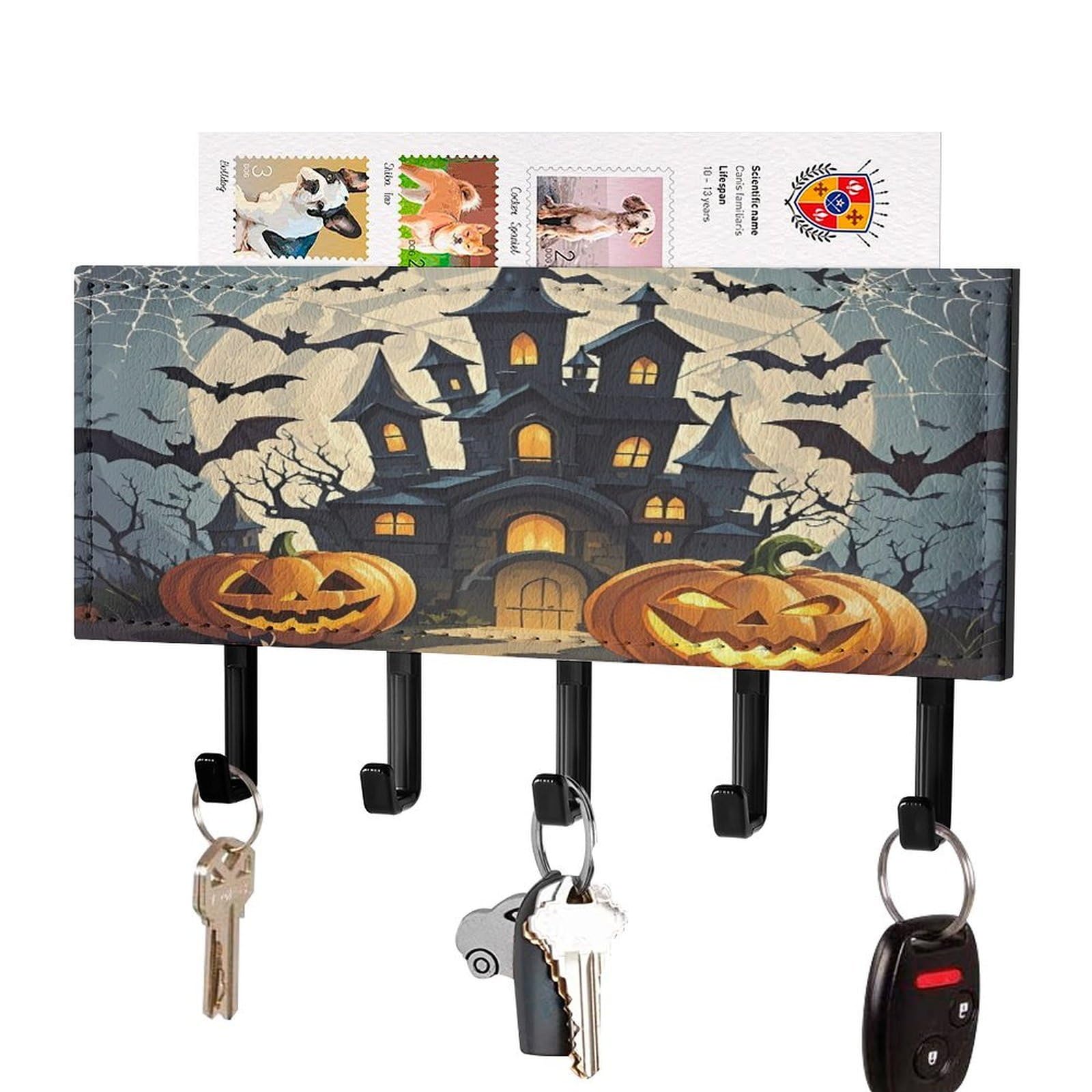 Lzqpoeas Black-Style Pumpkin Lantern Castle Key Holder Wall Mount With Mail Organizer Fashion Adhesive Key Hanger With 5 Hooks No Drill Pu Leather Key Organizer Rack For Entryway Kitchen Hallway Decor