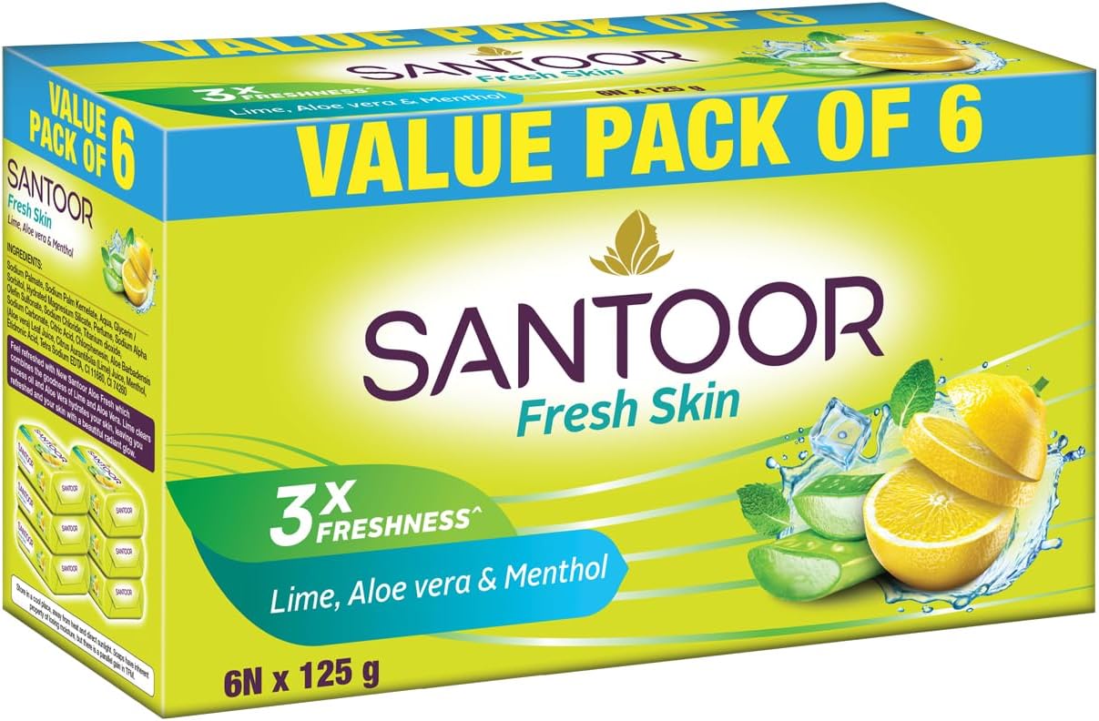 Santoor Fresh Skin Aloe Vera & Lime Bathing Soap with Nourishing & Anti-Aging Properties| For Smooth & Soft and Younger-Looking Skin| For All Skin Types| 125g, Pack of 6