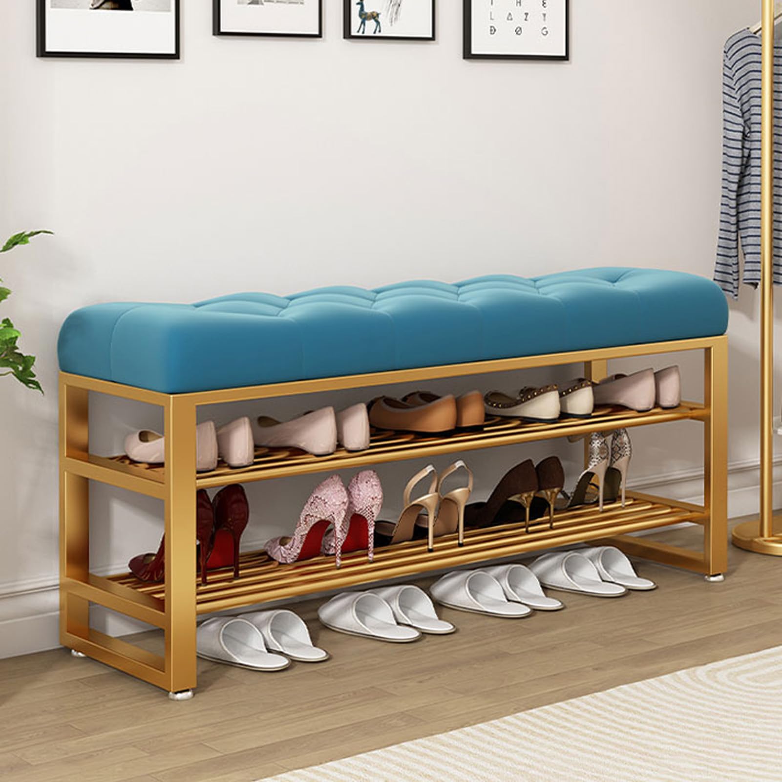 Étagère à chaussures avec siège rembourré capitonné à boutons